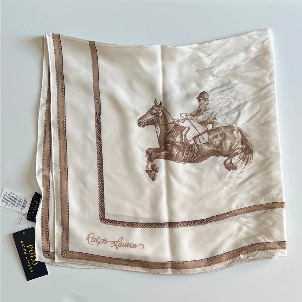 Polo Ralph Lauren Equestrian Silk Scarf Polo Horse Print Cream Brown - Picture 12 of 17